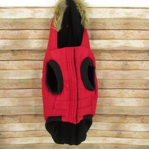 Canada Pooch Red/Black Fur Trim Hooded Dog Jacket Size 26